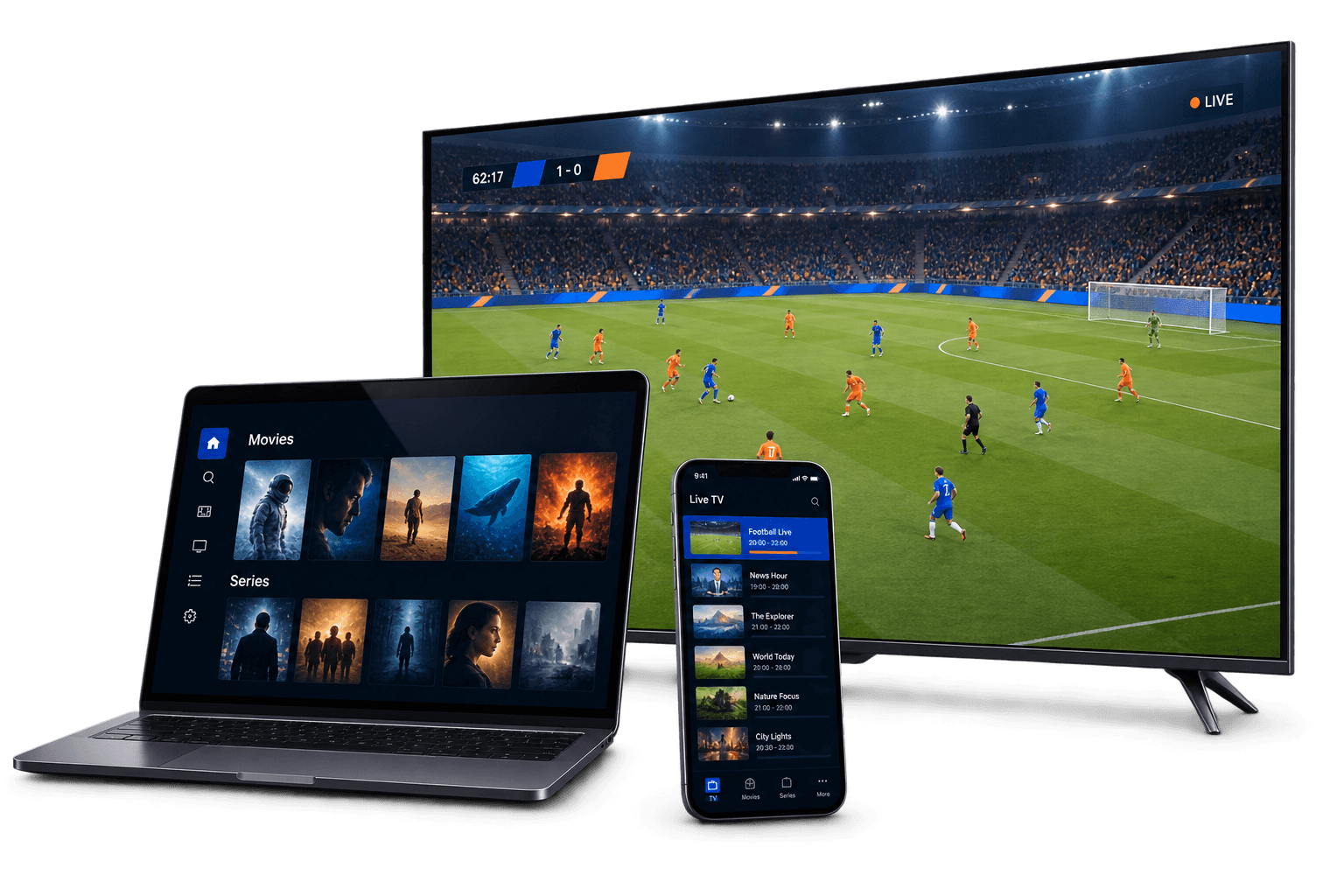 Realistic smart TV, laptop, and smartphone displaying original live TV, sports, movies, and program guide interfaces