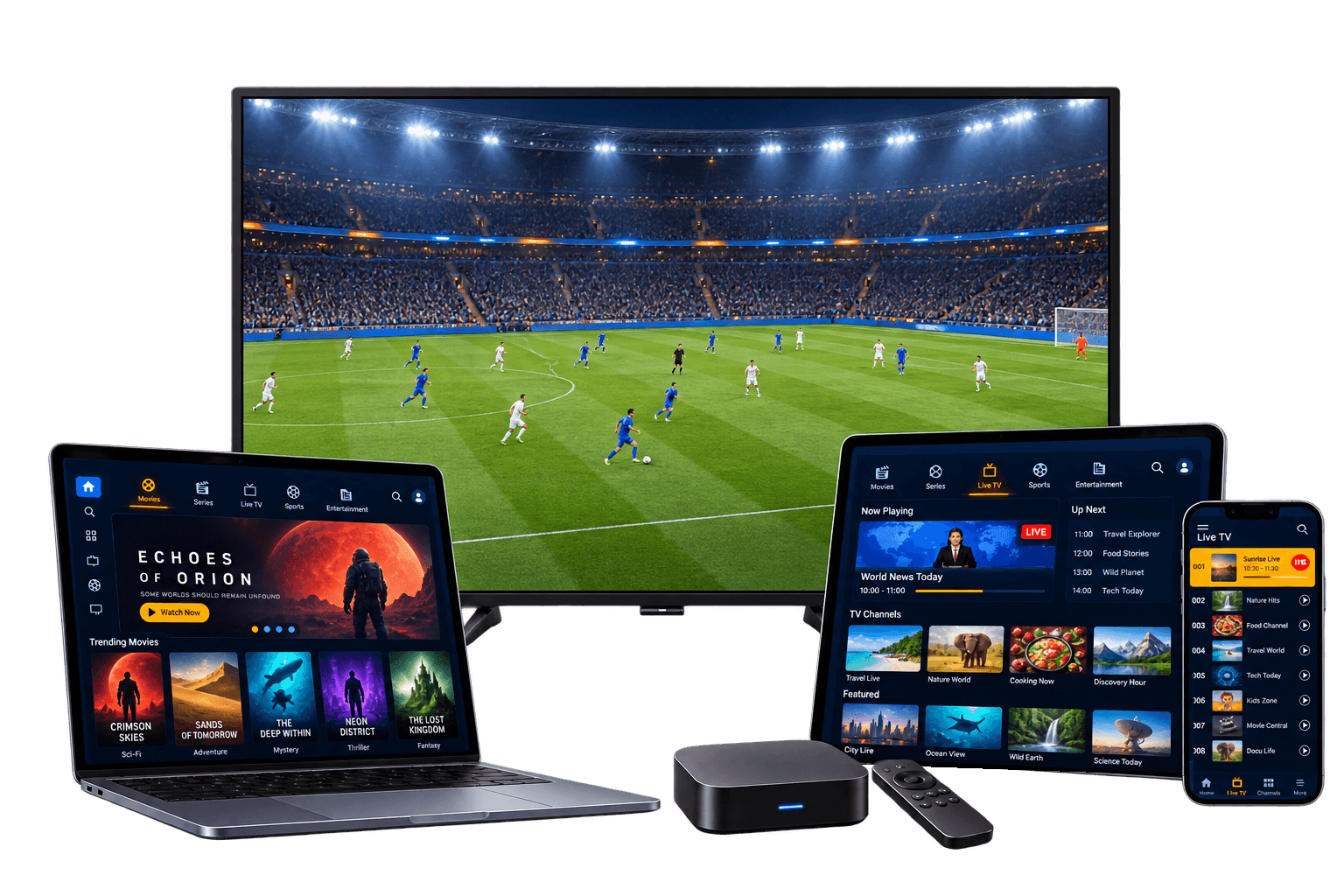 Smart TV, laptop, tablet, smartphone, and streaming device displaying original Velmor streaming interfaces