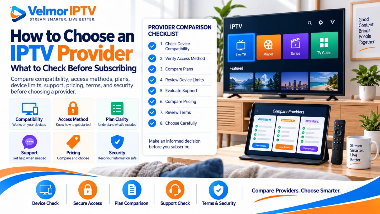 Guide to choosing an IPTV provider based on compatibility, access methods, plans, support, pricing, terms, and security