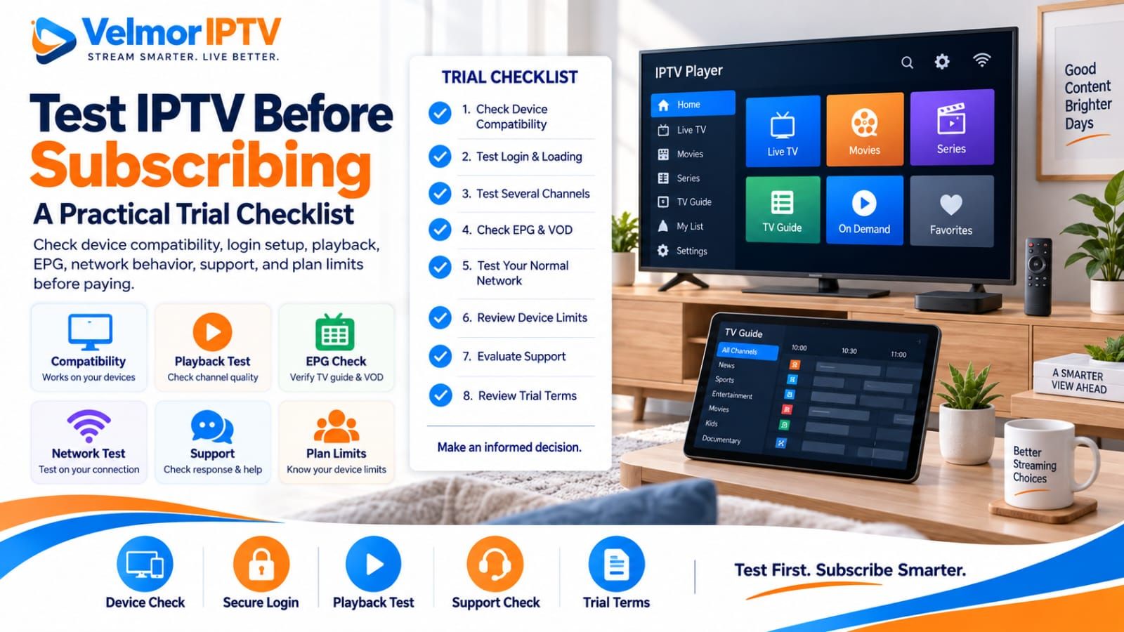 Checklist for testing an IPTV service before subscribing, including compatibility, playback, EPG, network, support, and plan limits
