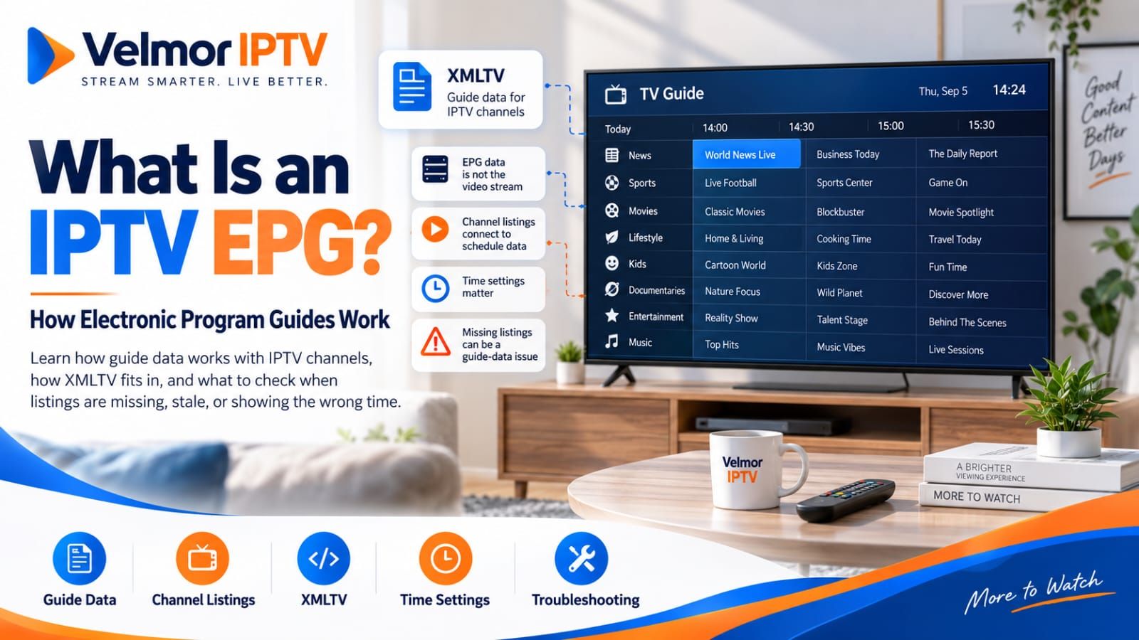IPTV EPG guide showing electronic program guide data and channel listings