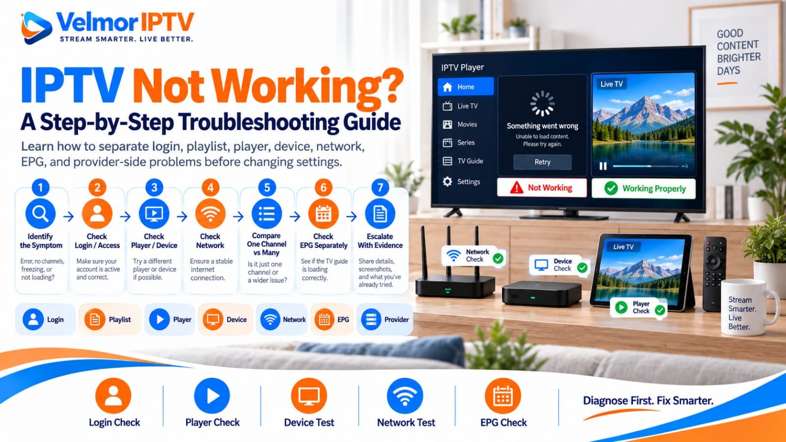 Step-by-step IPTV troubleshooting guide for login, player, device, network, and EPG problems