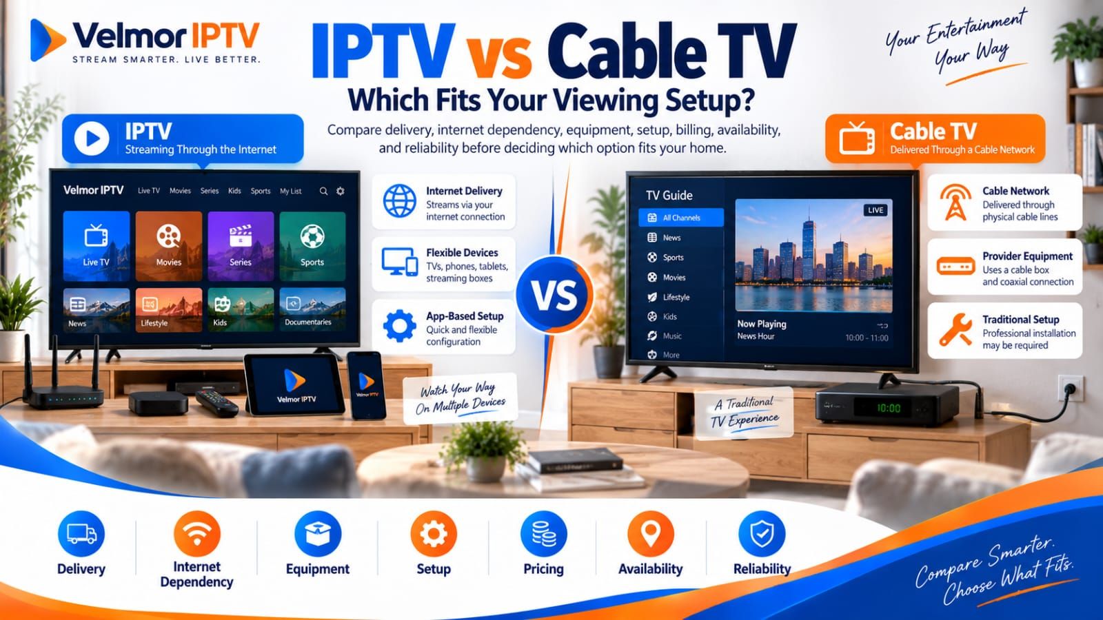 IPTV vs cable TV comparison for home viewing setup